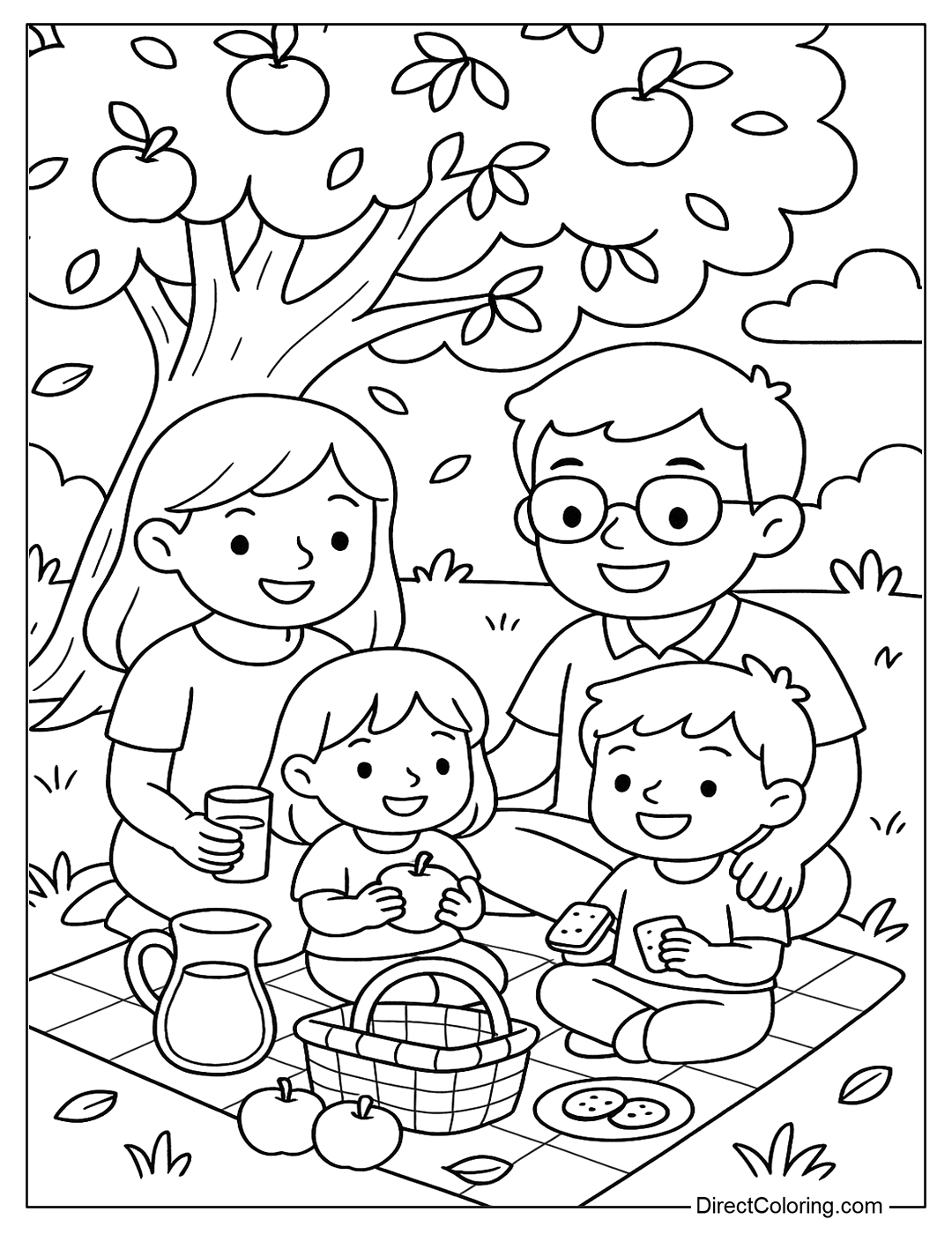 coloring page of a family sitting on a picnic under an apple tree, with carrots, apples and cookies